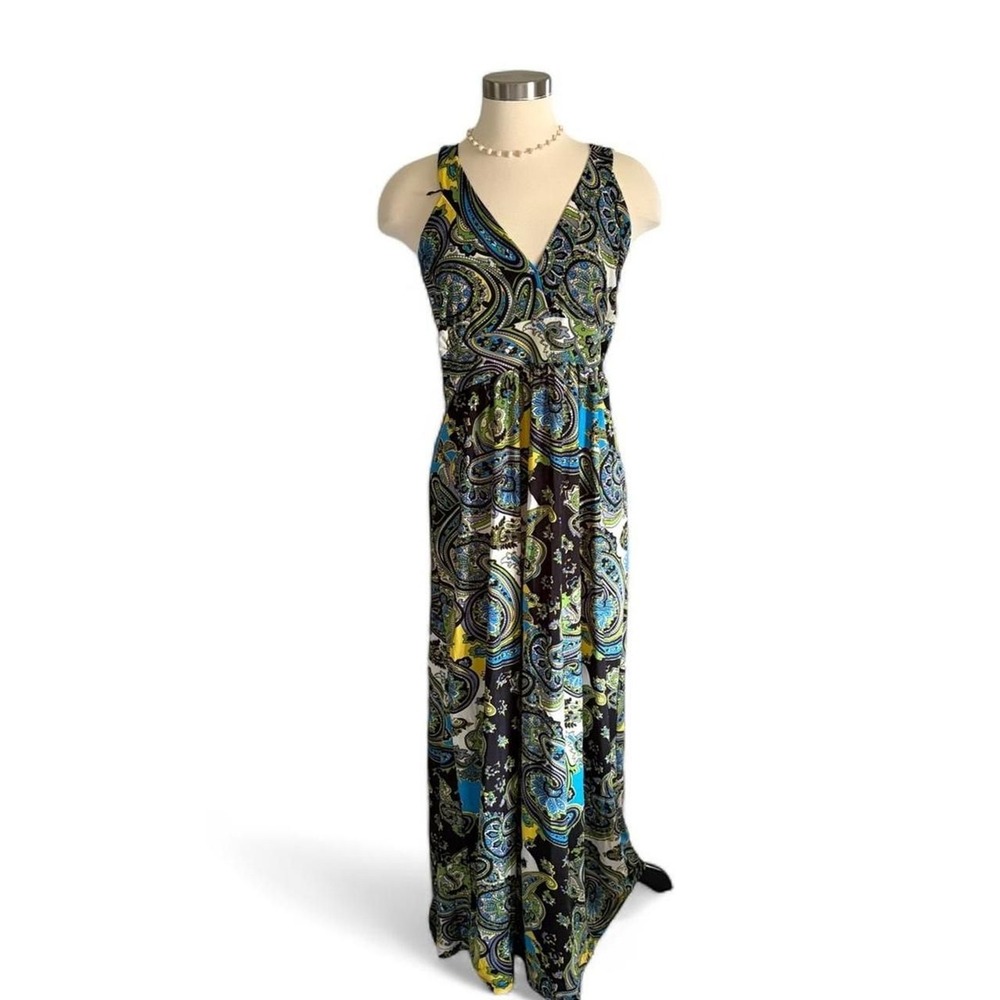 ACE Fashion Y2K Maxi Dress Large Blue Green Yellow Paisley Fairycore‎ Sundress